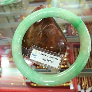 Translucent Natural Green, White Jadeite Jade Vintage Bangle Bracelet 57.6MM