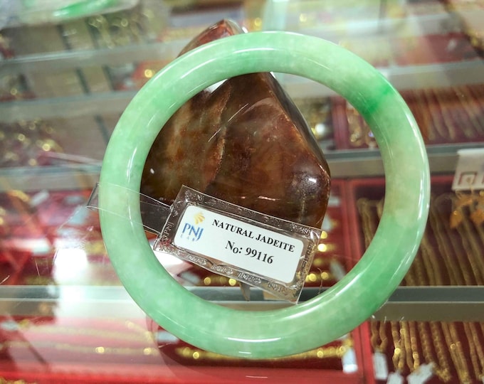 Translucent Natural Green, White Jadeite Jade Vintage Bangle Bracelet 57.6MM