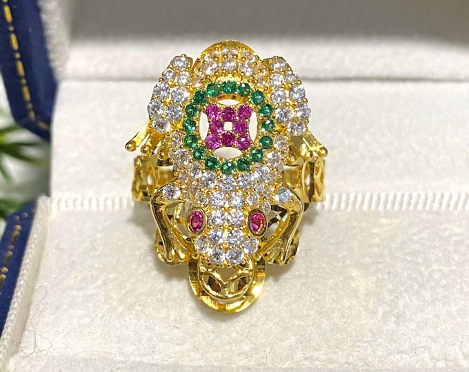 Vintage 15K 610 Solid Yellow Gold Ruby, Emerald & White Topaz Ruby Eye's Frog Money Coin Ring Size 7