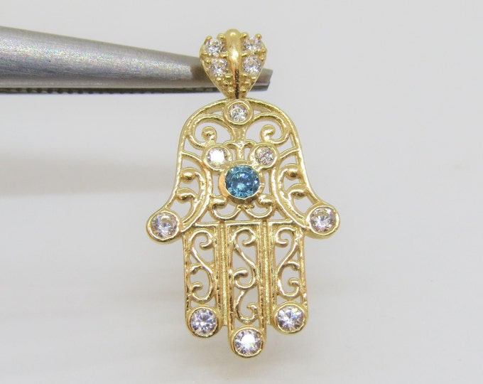 Vintage 14K Solid Yellow Gold Blue Topaz & White Topaz Hamsa Hand Charm Pendant