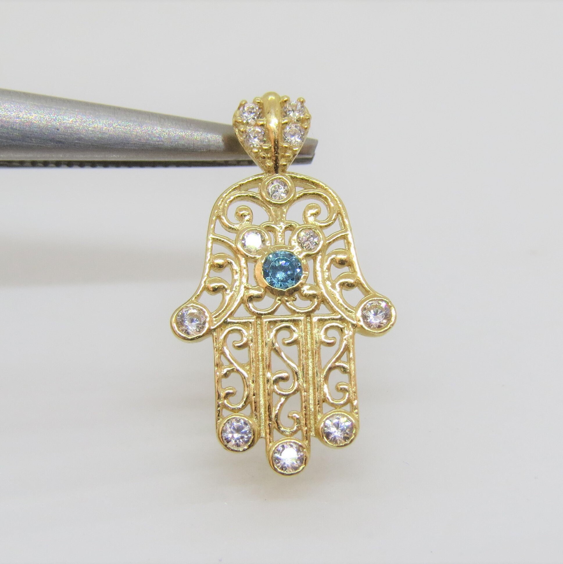 10K Solid Yellow Gold Hamsa Pendant – Real Gold Fatima Hand – Diamond Cut – Made In USA