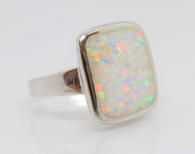 Vintage Modernist Sterling Silver White Opal Bold Ring Size 7