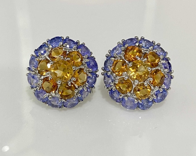 Vintage Sterling Silver Natural Tanzanite & Citrine Cluster Earrings.