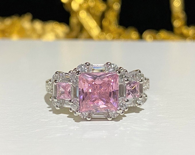 Sterling Silver White Topaz & Pink Sapphire Engagement Ring Size 8