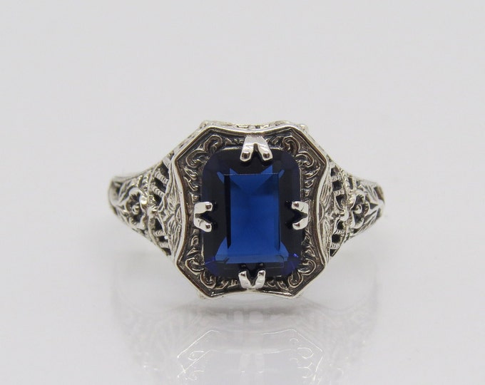 Vintage Sterling Silver Blue Sapphire Filigree Ring Size 8