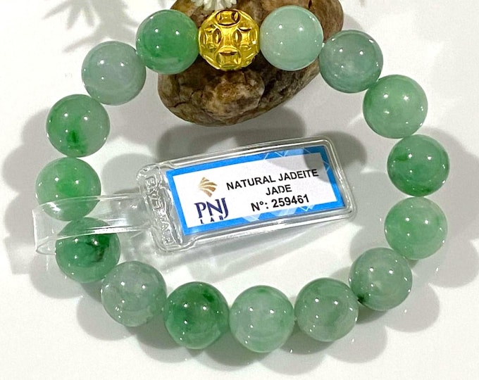 Vintage 24K 9999 Yellow Gold Money Coin Luck Ball Charm Natural Green, White Jadeite Jade Beads Bracelet 12MM