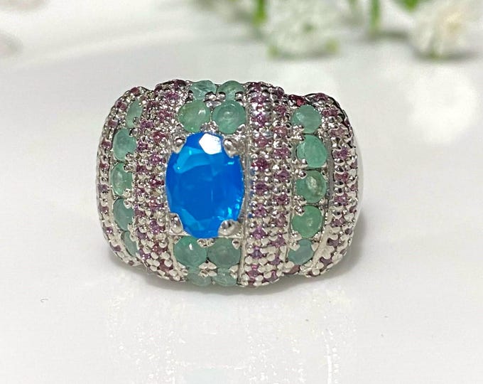 Vintage Sterling Silver Natural Blue Opal, Emerald & Rhodolite Ring Size 8
