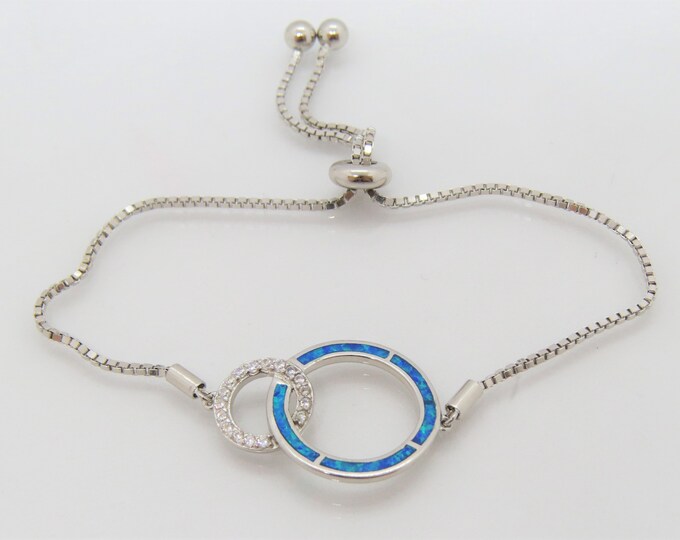 Sterling Silver Blue Opal & White Topaz Adjustable Vintage Bracelet.
