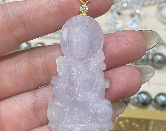 Vintage 14K Gold Jadeite Jade Kuan Yin Buddha Pendant.
