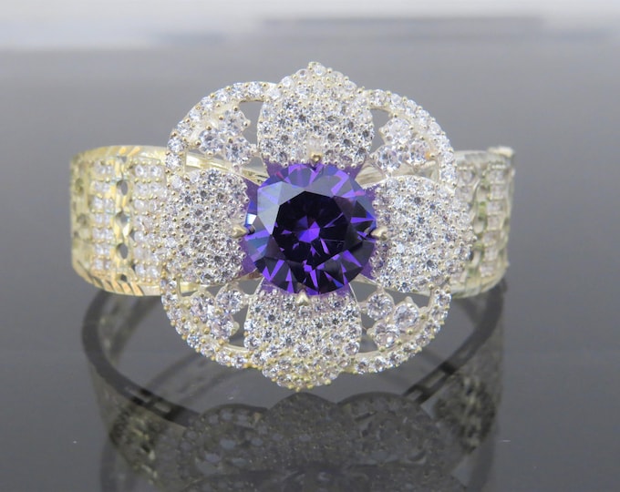 Vintage Sterling Silver Amethyst & White Topaz Flower Pave Bangle Bracelet 6 1/2''