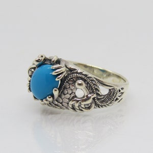 Vintage Sterling Silver Turquoise Dragon Unisex Dome Ring Size 9
