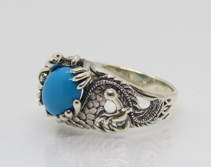 Vintage Sterling Silver Turquoise Dragon Unisex Dome Ring Size 9