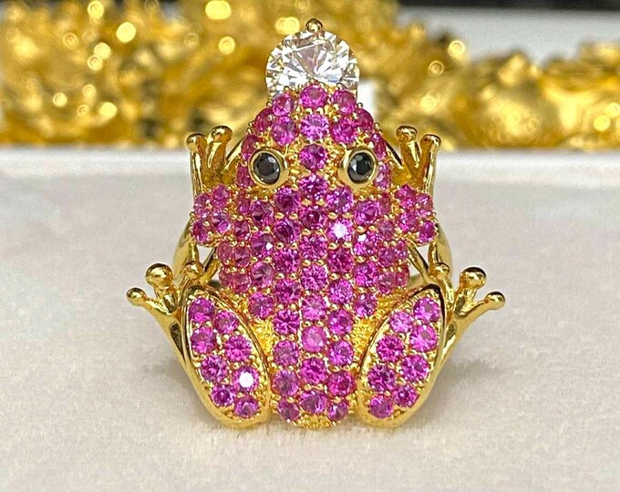 Vintage 15K Gold Frog Ring: Ruby, White Topaz & Black Sapphire Eyes, Size 8.