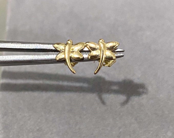 Vintage 14K Solid Yellow Gold Bee, Dragonfly Stud Earrings.
