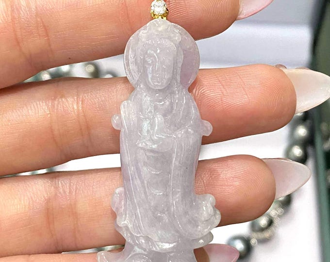 Vintage 14K Solid Gold Natural Purple Lavender Jadeite Jade & White Topaz Kwan Yin Buddha Pendant Mat Phat Ba Quan Am