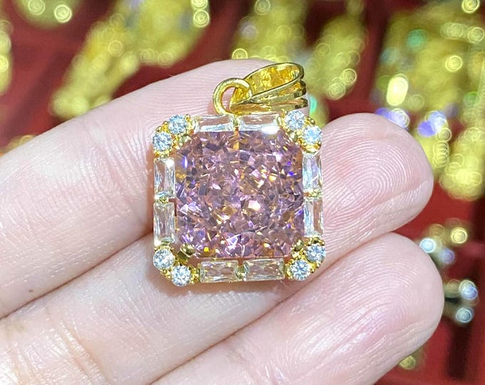 Vintage 15K 610 Solid Gold Pink Sapphire & White Topaz Pendant.