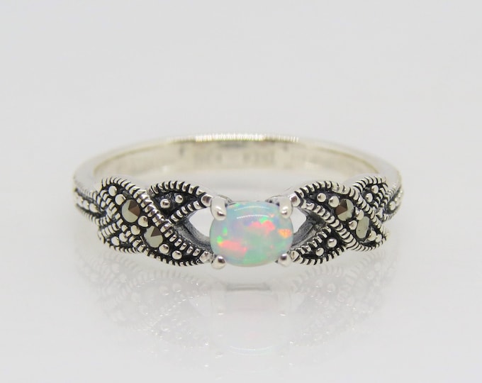 Vintage Sterling Silver White Opal & Marcasite Ring Size 6,7,8