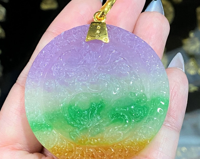 Vintage 18K Solid Gold Carved Dragon Purple, Green & yellow Jadeite Jade Pendant.