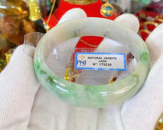 Translucent Natural Green, White & Brown Jadeite Jade Vintage Bangle Bracelet 59.1MM