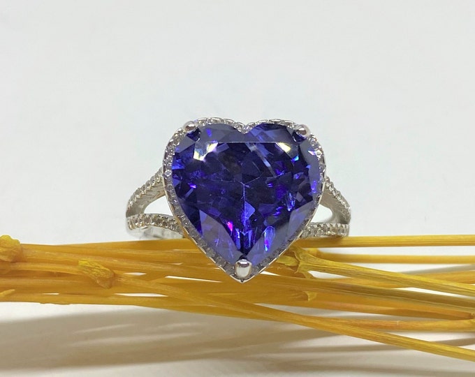 Sterling Silver Heart Cut Tanzanite & White Topaz Ring Size 8