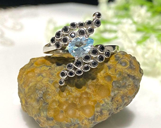Vintage Sterling Silver Natural Aquamarine & Black Spinel Ring Size 8