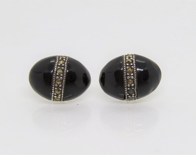 Vintage Sterling Silver Black Onyx & Marcasite Oval Earrings