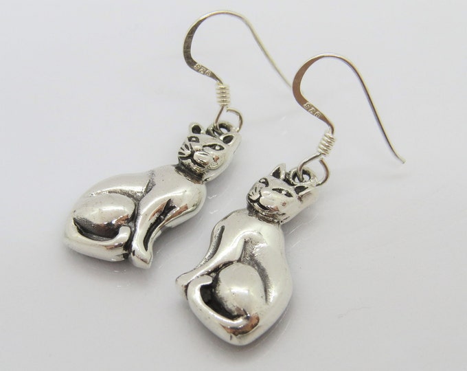 Sterling Silver Cat Dangle Drop Earrings