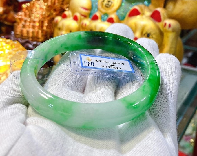 Vintage Translucent Natural Green, White & Black Jadeite Jade Bangle Bracelet 64.2MM