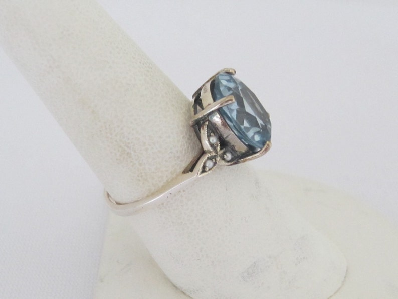 Vintage Sterling Silver Aquamarine /& Seed Pearl Ring Size 6