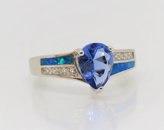 Sterling Silver Tanzanite, Blue Opal & White Topaz Ring.