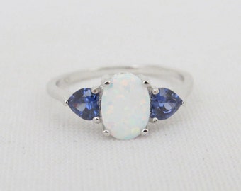 Vintage Sterling Silver White Opal & Tanzanite Ring Size 9