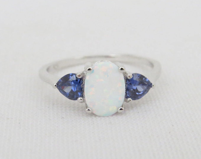Vintage Sterling Silver White Opal & Tanzanite Ring Size 9