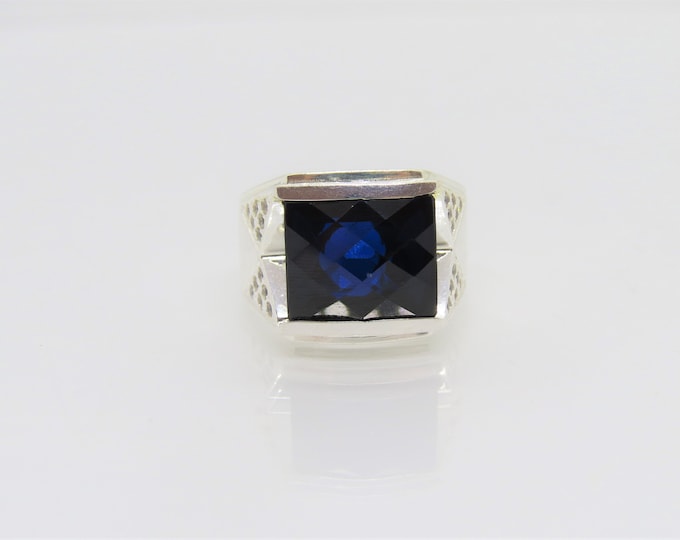 Vintage Sterling Silver Blue Sapphire & White Topaz Men's Ring Size 9