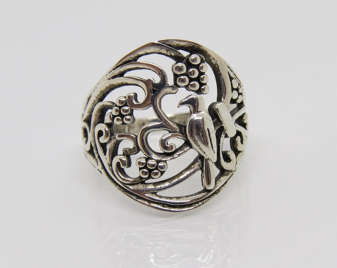 Vintage Sterling Silver Bird & Grapes Vine Ring Size 8