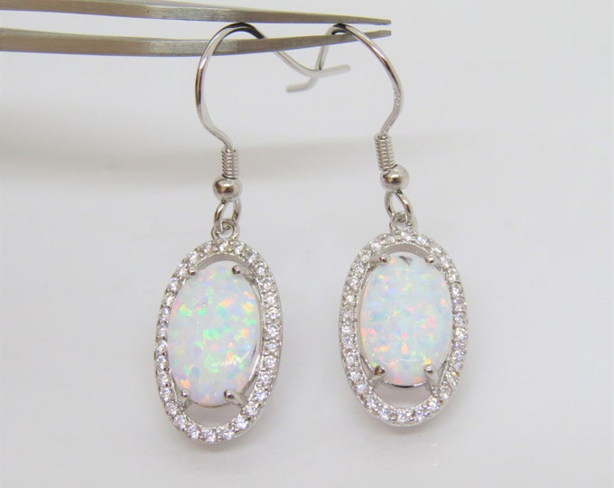 Vintage Sterling Silver Fire Opal & White Topaz Dangle Earrings