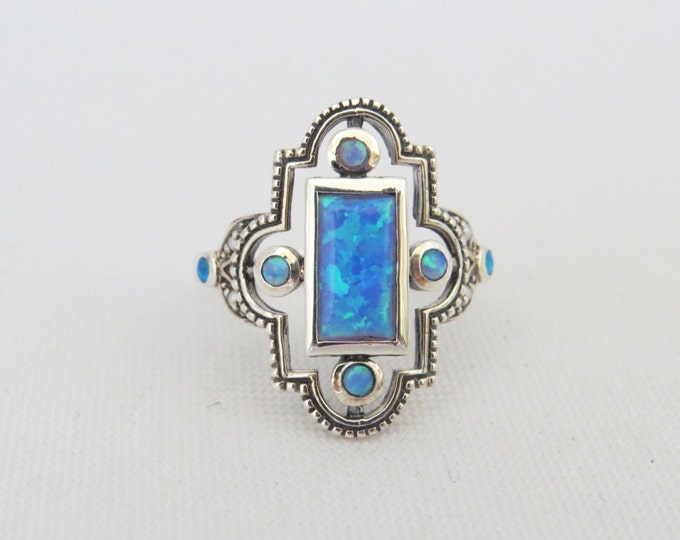 Sterling Silver Blue Opal Geometric Ring Size 8