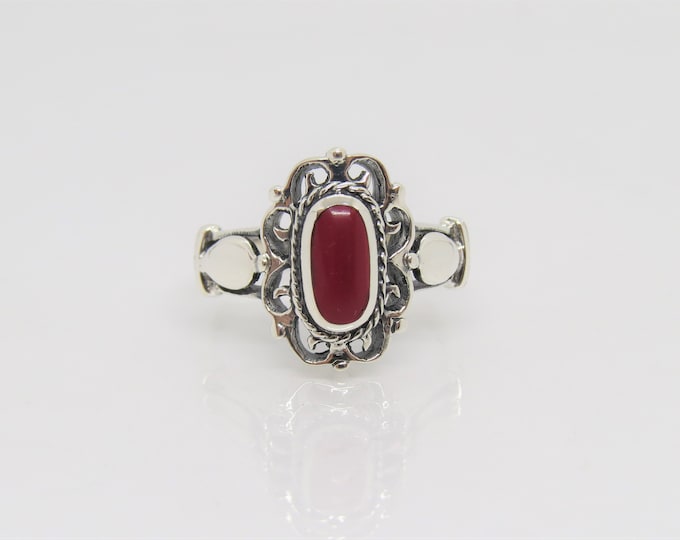 Vintage Sterling Silver Red Coral Filigree Ring Size 8