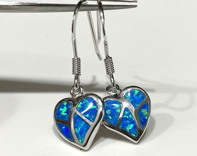 Sterling Silver Blue Opal Heart Dangle Earrings.