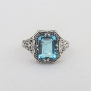 Vintage Sterling Silver Aquamarine Filigree Ring Size 7