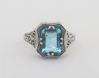 Vintage Sterling Silver Aquamarine Filigree Ring Size 7