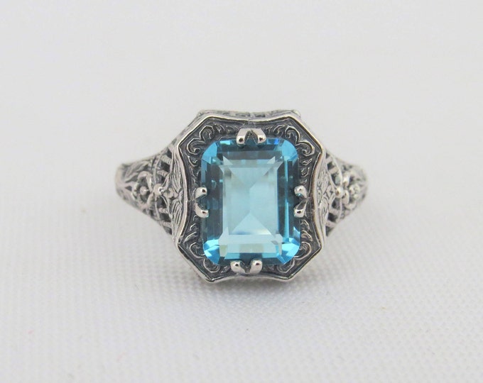Vintage Sterling Silver Aquamarine Filigree Ring Size 7