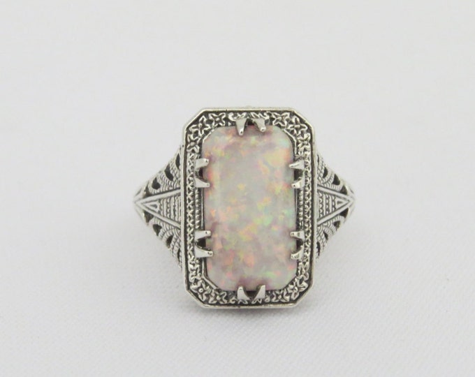 Vintage Sterling Silver White Opal Filigree Ring Size 8