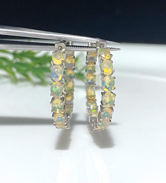 Vintage Sterling Silver Oval cut Fire Opal Hoop Earrings 25MM