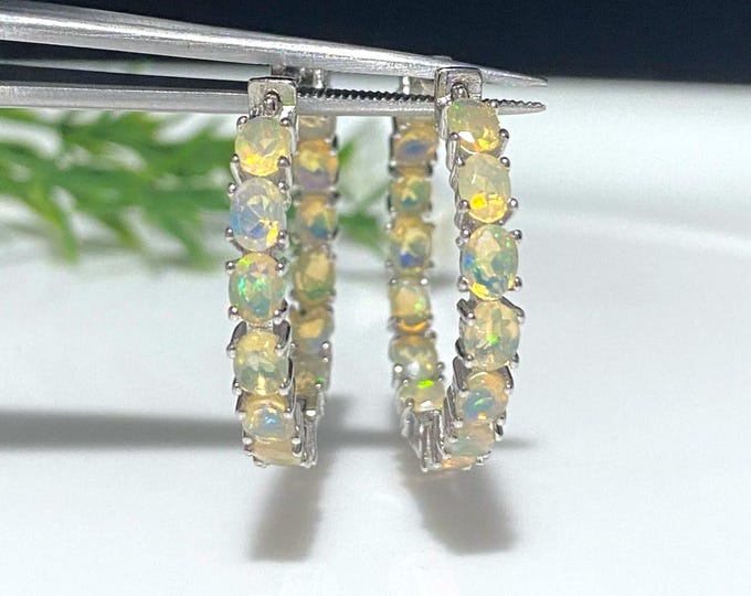 Vintage Sterling Silver Oval cut Fire Opal Hoop Earrings 25MM