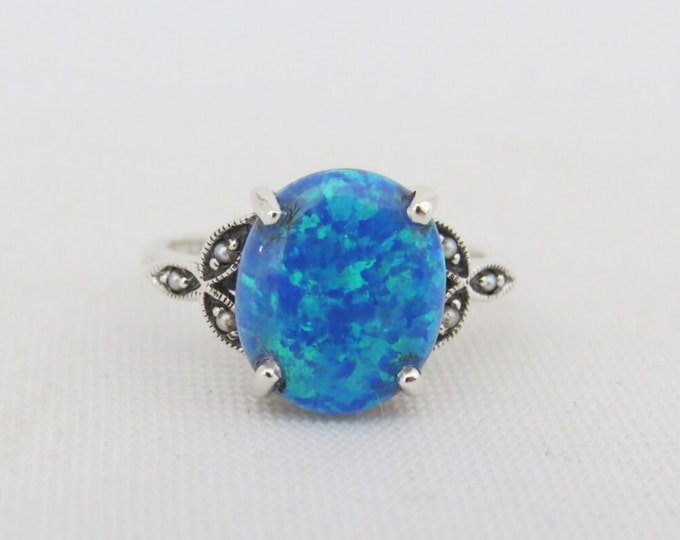 Vintage Sterling Silver Blue Opal & Seed Pearl Ring Size 10