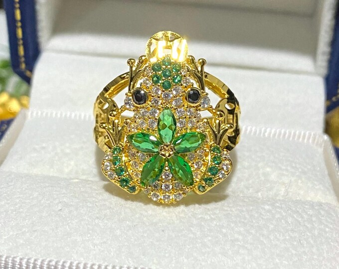 Vintage 15K 610 Solid Yellow Gold Emerald & White Topaz Black Sapphire Eye's Frog Flower Ring Size 7