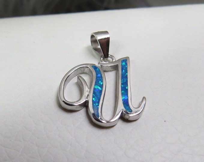 Sterling Silver Blue Opal Letter U Pendant