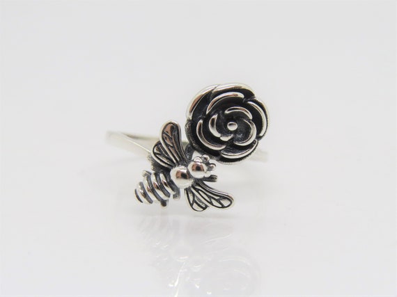 Vintage Sterling Silver Bee & Flower Ring Size 7.5 - image 5
