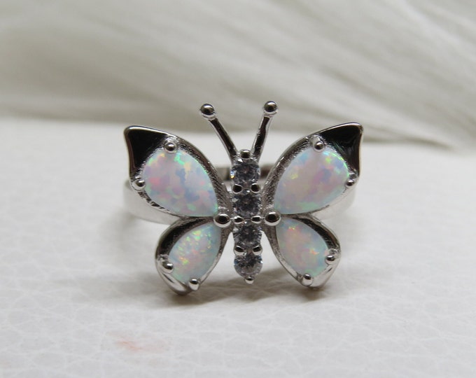 Vintage Sterling Silver White Opal Butterfly Ring.