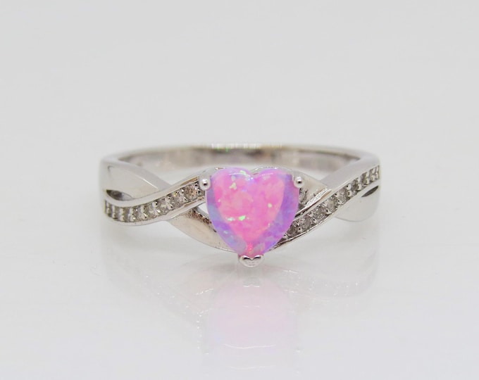 Vintage Sterling Silver Heart Pink Opal & White Topaz Ring Size 7